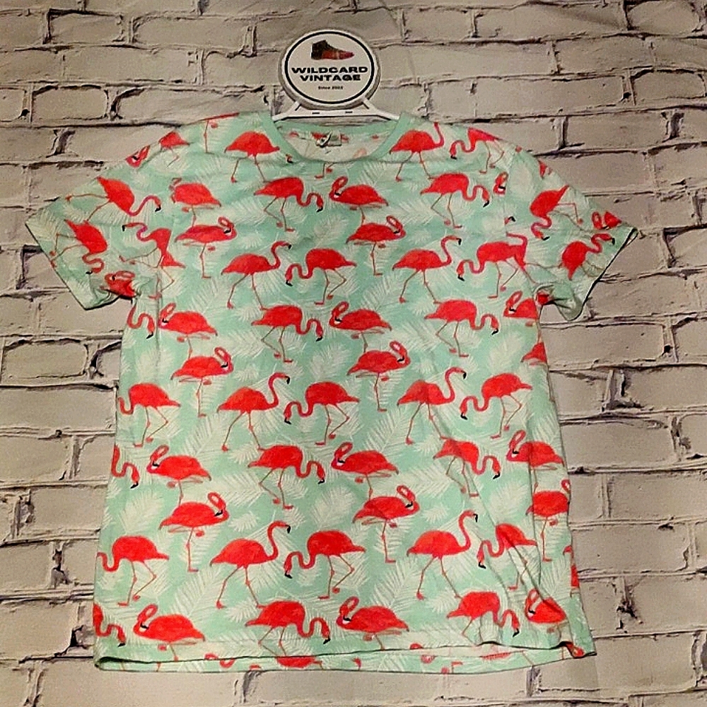 Vintage-Style Flamingo Print Short Sleeve Tee - Mint & Coral